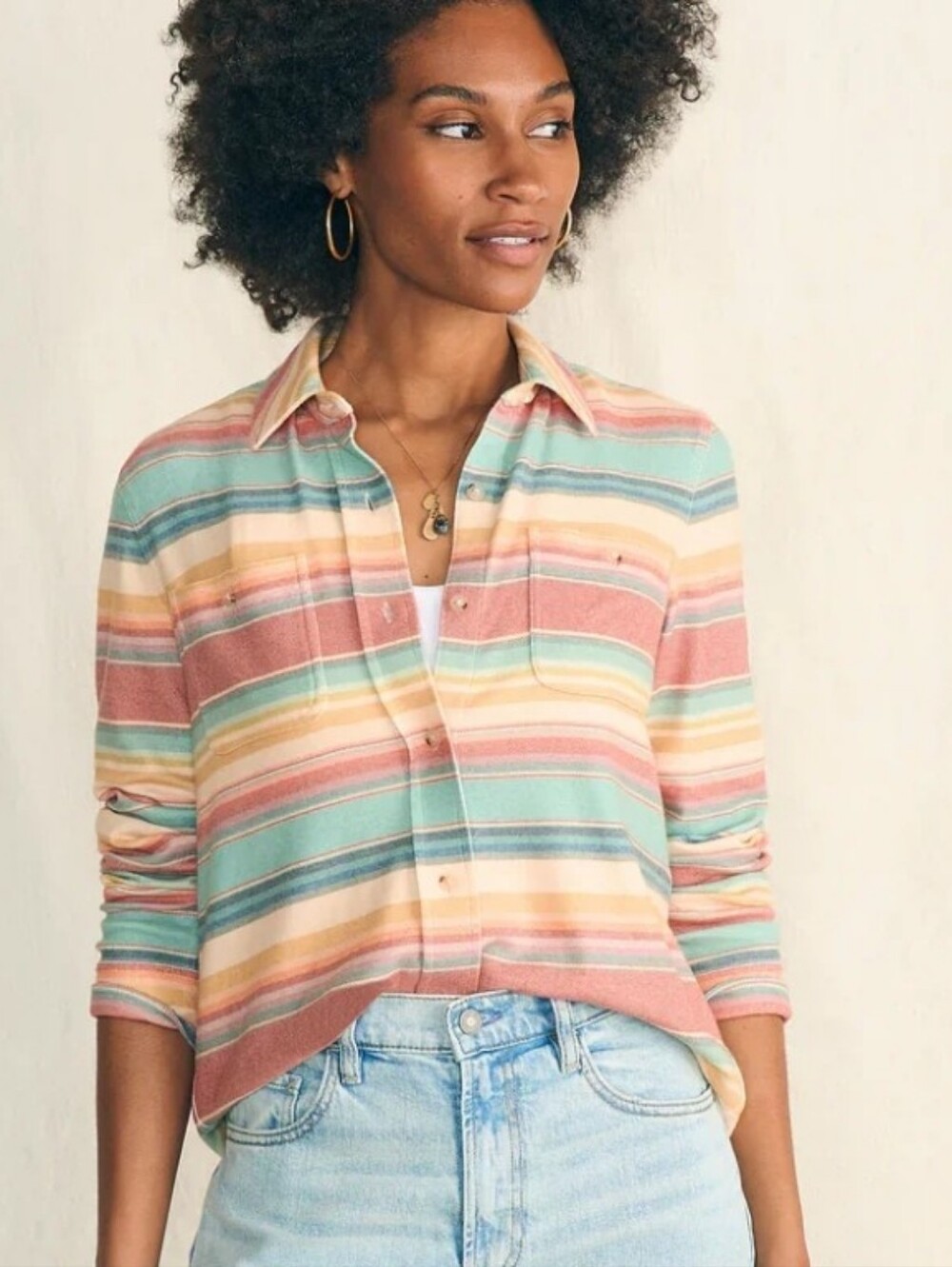 Faherty Legend Sweater Shirt Stripe Button Up Sunset Canyon Boho Stretch S